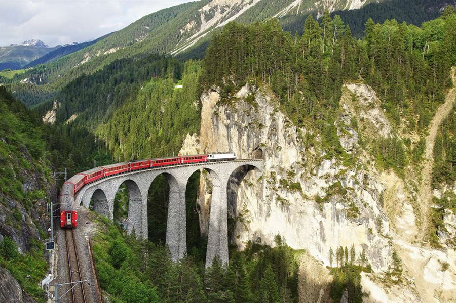 Bernina Express crossing the Landwasser Viaduct